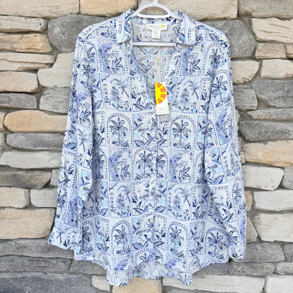 C&C California NWT 100% Linen Tropical Toile Resort Button Down Shirt Medium